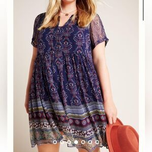 Maeve‎ Anthropologie Adrian Sheer Tunic Dres Short Sleeve in Blue Motif Sz L NEW